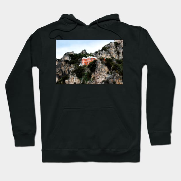 View of a red and white building with lighthouse perching on a cliff in the Amalfi coast Hoodie by KristinaDrozd